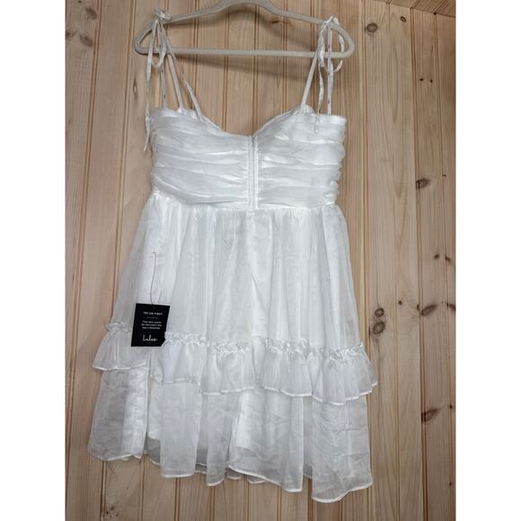 NWT Lulus Angelic Approach White Chiffon Ruffled Tie-Strap Mini Dress Party Sz L - Picture 5 of 7
